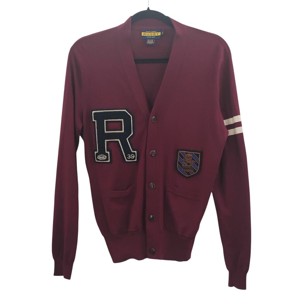 Ralph Lauren Rugby RLFC Letterman Cardigan Sweater Skull Crossbones Patch Small